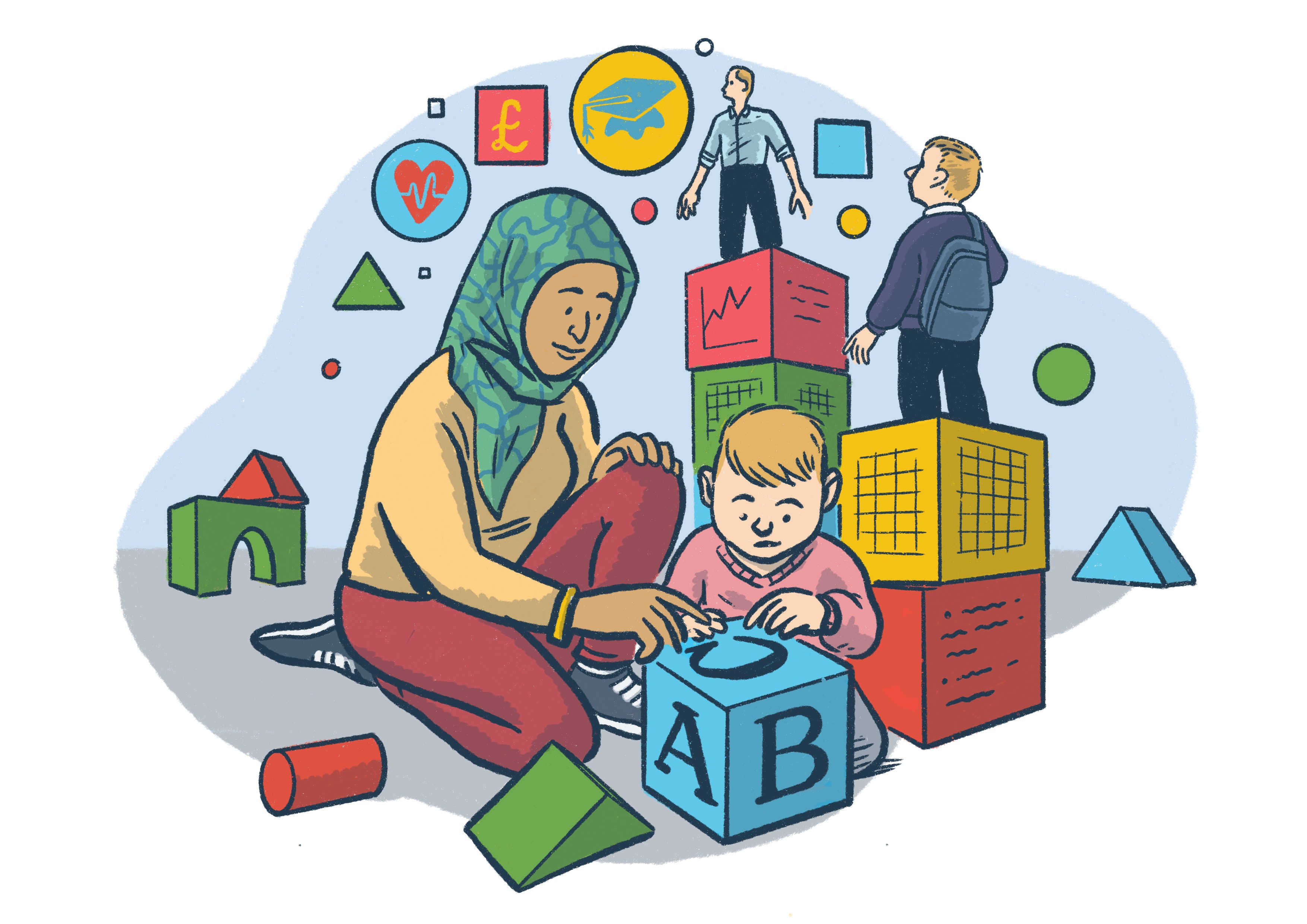 Illustration. A teacher helps a very young child playing with colourful building blocks. In the background, the child is shown at an older age, and further in the distance, as a young adult, looking at symbols of education, income,& health