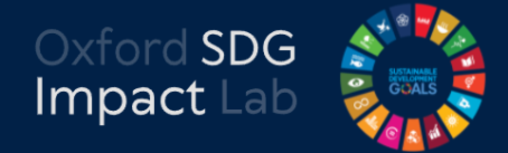 Oxford SDG Impact Lab in light text against a dark blue background and the UN SDGs logo of 17 brightly-coloured segments