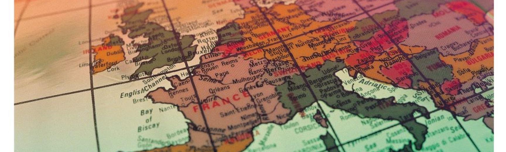 Portion of globe showing Europe, the top of Africa and west of Asia