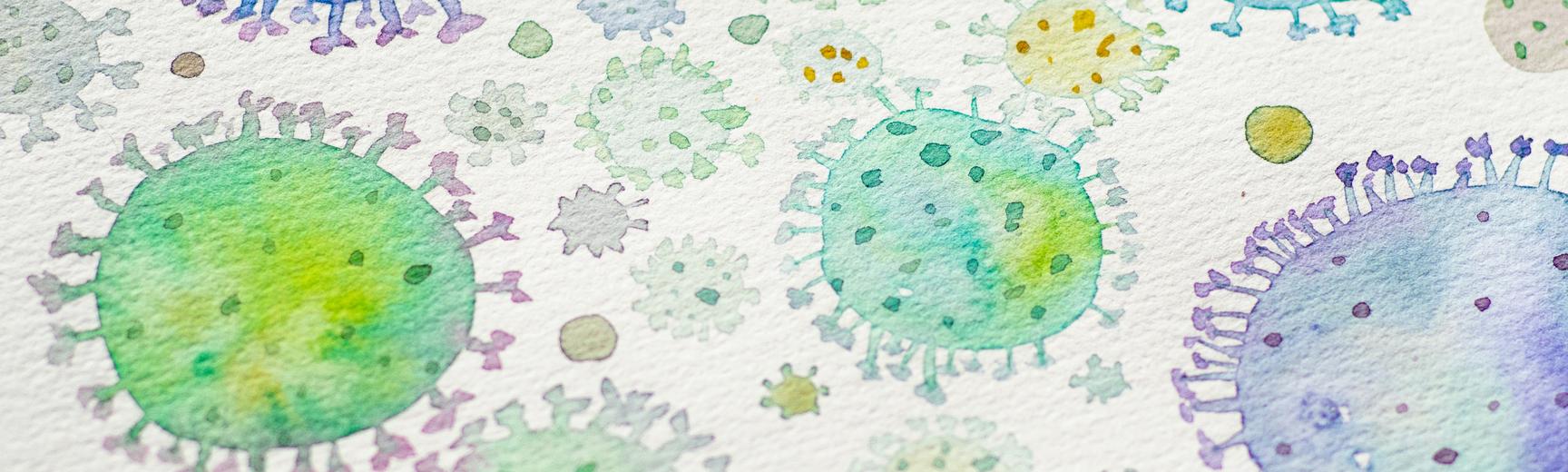 Watercolour painting on paper of lots of little microbes in pale shades of green, blue, and purple