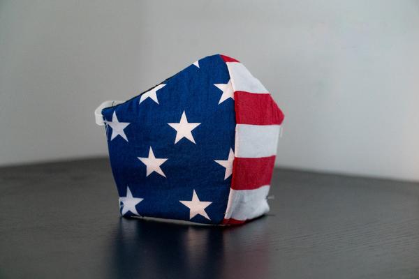 A facemask made from the American flag, showing the stars and stripes