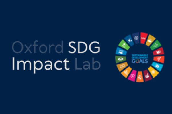 Oxford SDG Impact Lab in light text against a dark blue background and the UN SDGs logo of 17 brightly-coloured segments