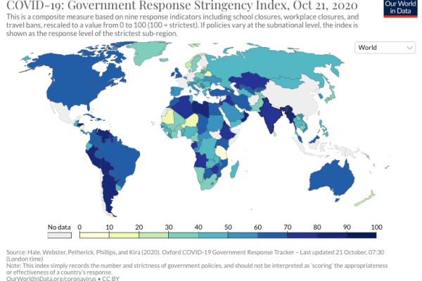 Screenshot from the Oxford COVID-19 Government Response Stringency Index, showing a map of the world coloured in differing shades of blue, green, yellow and white according to COVID19 restriction stringency