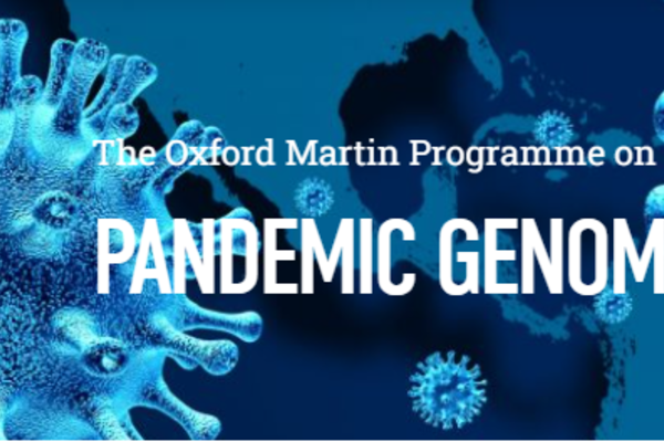 The words Oxford Martin Programme on Pandemic Genomics are superimposed in white text on a blue, graphic depiction of the coronavirus