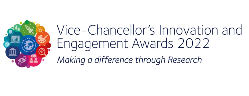 Vice-Chancellor's Innovation and Engagement Awards 2022 - Making a difference through research. Logo showing space rocket, artist's palette, globe, people in conversation, an eye, ancient building, compass, Roman helmet, and chemical bottle.