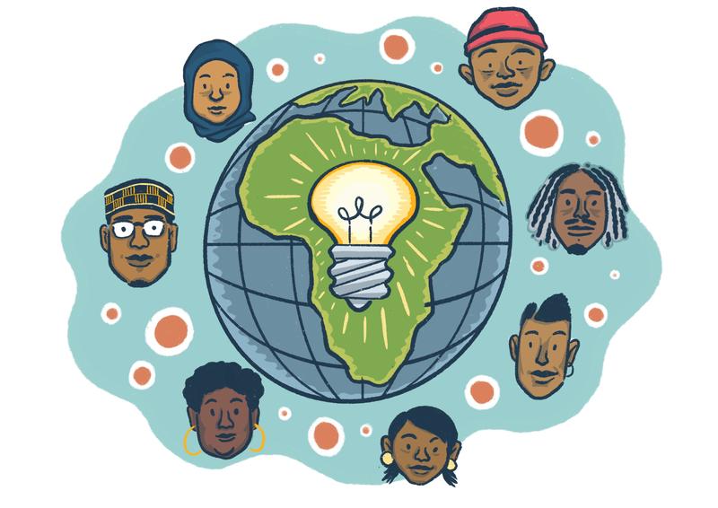 Research shines a light on “under the radar” innovation in low income countries A shining light bulb is superimposed on a globe showing the African continent, surrounded by a seven faces of diverse ages, genders, and ethnicities