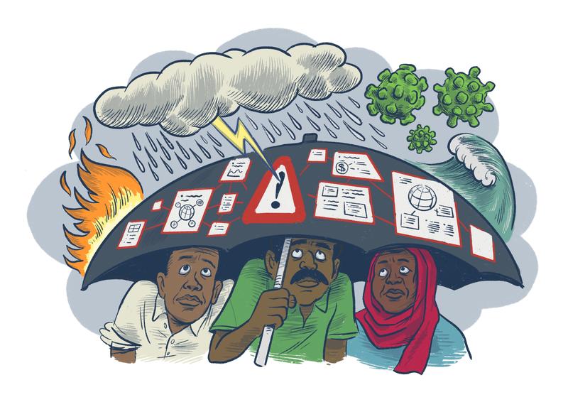 Three people take shelter from thunder, lightning, rain, waves, fire, and viruses under an umbrella covered in warning symbols and a network of plans  