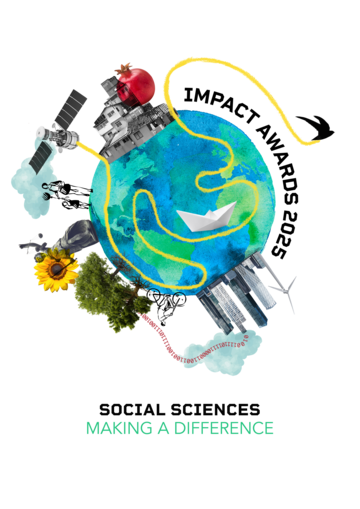 A globe with the words Impact Awards 2025 featuring motifs of people, citscapes, the natural environment, satellites and birds. The words read: Impact Awards 2025, Social Sciences Making a Difference